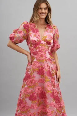 Hot Opulence Midi Dress In Pink Floral Organza Burnout Dresses|Formal