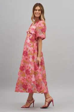 Hot Opulence Midi Dress In Pink Floral Organza Burnout Dresses|Formal