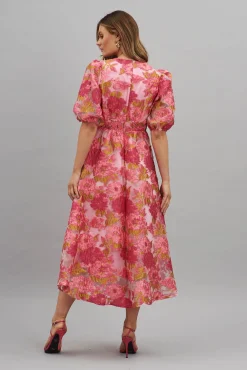 Hot Opulence Midi Dress In Pink Floral Organza Burnout Dresses|Formal
