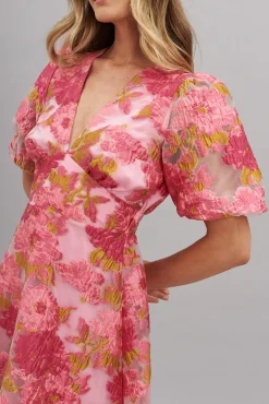 Hot Opulence Midi Dress In Pink Floral Organza Burnout Dresses|Formal