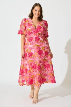Hot Opulence Midi Dress In Pink Floral Organza Burnout Dresses|Formal