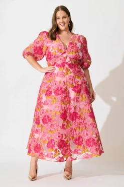 Hot Opulence Midi Dress In Pink Floral Organza Burnout Dresses|Formal