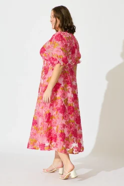 Hot Opulence Midi Dress In Pink Floral Organza Burnout Dresses|Formal
