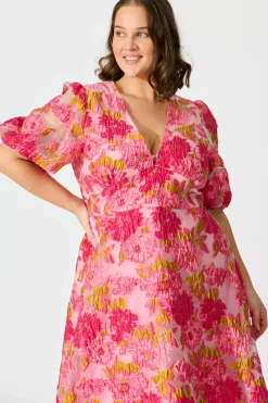 Hot Opulence Midi Dress In Pink Floral Organza Burnout Dresses|Formal