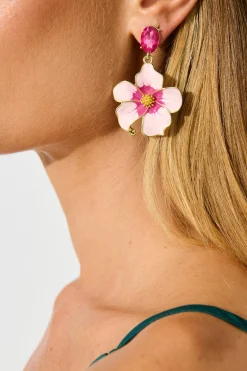 New Orchid Drop Earrings in Pink Enamel with Stone Jewellery