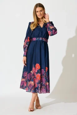 Outlet Orchid Trace Midi Dress in Navy Floral Cotton Blend Dresses|Party