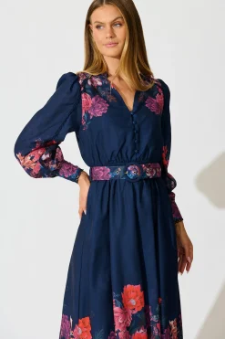 Outlet Orchid Trace Midi Dress in Navy Floral Cotton Blend Dresses|Party