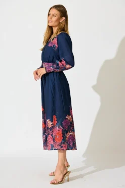 Outlet Orchid Trace Midi Dress in Navy Floral Cotton Blend Dresses|Party