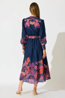 Outlet Orchid Trace Midi Dress in Navy Floral Cotton Blend Dresses|Party