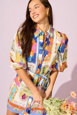 Sale Oriella Shirt Dress in Cream with Multi Conversational Print Dresses|Casual