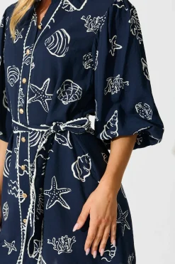 Best Oriella Shirt Dress in Navy with White Shell Print Dresses|Casual