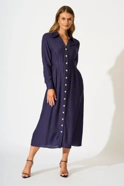 Online Painted Sky Midi Shirt Dress in Navy Dresses|Party