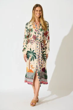 Outlet Palm Parade Midi Shirt Dress in Cream Multi Print Dresses|Casual