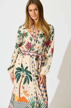 Outlet Palm Parade Midi Shirt Dress in Cream Multi Print Dresses|Casual