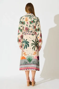 Outlet Palm Parade Midi Shirt Dress in Cream Multi Print Dresses|Casual