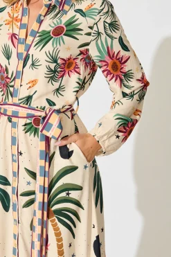 Outlet Palm Parade Midi Shirt Dress in Cream Multi Print Dresses|Casual