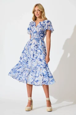 Fashion Palm Springs Midi Dress in Blue and White Print Dresses|Casual