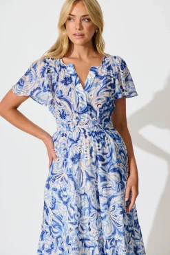 Fashion Palm Springs Midi Dress in Blue and White Print Dresses|Casual