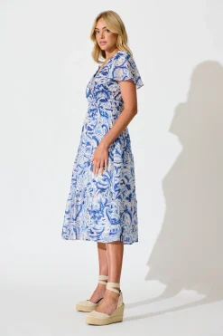 Fashion Palm Springs Midi Dress in Blue and White Print Dresses|Casual