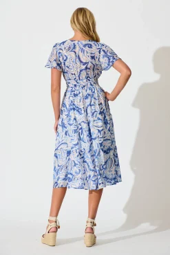 Fashion Palm Springs Midi Dress in Blue and White Print Dresses|Casual