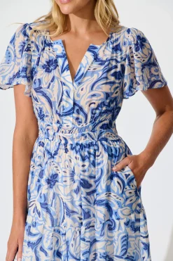 Fashion Palm Springs Midi Dress in Blue and White Print Dresses|Casual