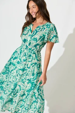 Fashion Palm Springs Midi Dress in Green and White Print Dresses|Casual