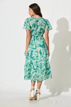 Fashion Palm Springs Midi Dress in Green and White Print Dresses|Casual