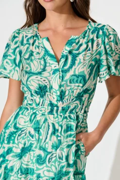 Fashion Palm Springs Midi Dress in Green and White Print Dresses|Casual