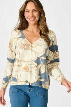 Fashion Pandora Knit Cardigan in Steel Blue Floral Knitwear|Knitwear