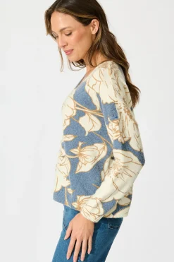 Fashion Pandora Knit Cardigan in Steel Blue Floral Knitwear|Knitwear