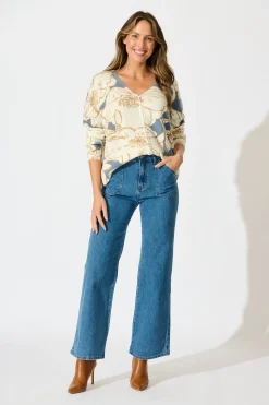 Fashion Pandora Knit Cardigan in Steel Blue Floral Knitwear|Knitwear