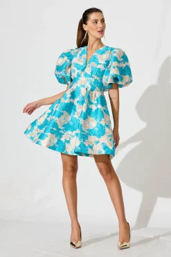 Best Paris Dreamer Dress In Pale Gold With Aqua Jacquard Dresses|Party