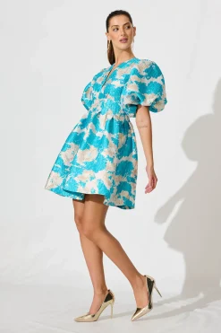 Best Paris Dreamer Dress In Pale Gold With Aqua Jacquard Dresses|Party