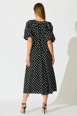 Fashion Parisian Dot Midi Dress in Black with White Polka Dot Dresses|Casual