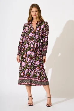 Outlet Payton Midi Shirt Dress in Black Multi Floral Dresses|Casual