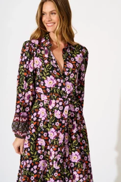 Outlet Payton Midi Shirt Dress in Black Multi Floral Dresses|Casual