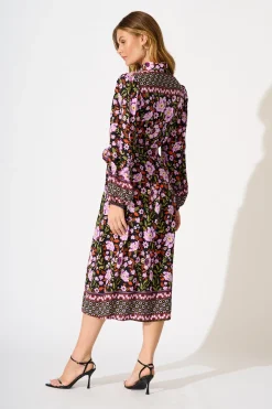 Outlet Payton Midi Shirt Dress in Black Multi Floral Dresses|Casual