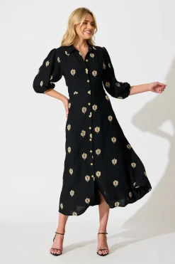 Sale Peggy Maxi Shirt Dress in Black Embroidery Dresses|Casual
