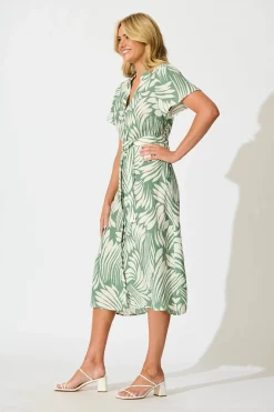 Fashion Penelope Midi Shirt Dress in Green with Cream Leaf Dresses|Casual