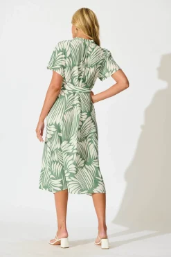 Fashion Penelope Midi Shirt Dress in Green with Cream Leaf Dresses|Casual