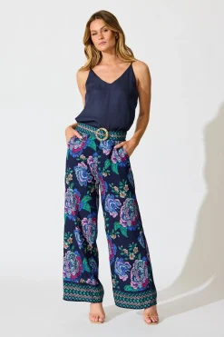 Online Petal Drift Pant in Navy with Multi Floral Bottoms|Pants