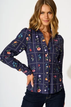Clearance Petal Outline Shirt in Navy with Multi Floral Tops|Casual