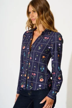 Clearance Petal Outline Shirt in Navy with Multi Floral Tops|Casual