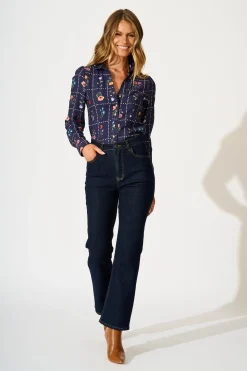 Clearance Petal Outline Shirt in Navy with Multi Floral Tops|Casual