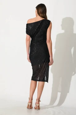 Fashion Phoenix Off Shoulder Midi Dress In Black Sequin Wedding Guest|Engagement Party