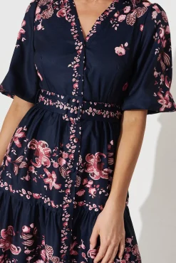 Fashion Piper Midi Dress In Navy With Blush Floral Dresses|Casual