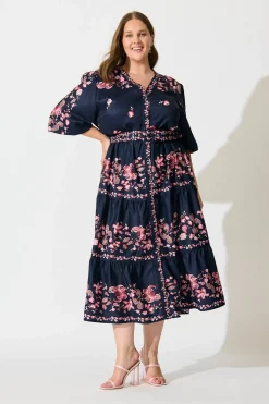 Fashion Piper Midi Dress In Navy With Blush Floral Dresses|Casual