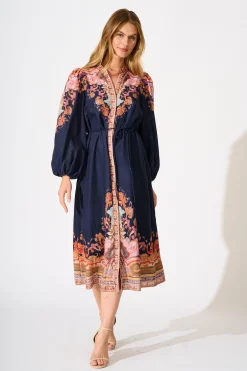 Sale Poppy Midi Dress in Navy with Rust Print Linen Blend Dresses|Casual