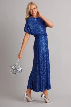 Fashion PRE ORDER Amiri Off Shoulder Maxi Dress in Cobalt Blue Sequin Dresses|Party