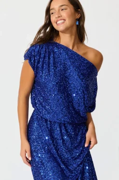 Fashion PRE ORDER Amiri Off Shoulder Maxi Dress in Cobalt Blue Sequin Dresses|Party